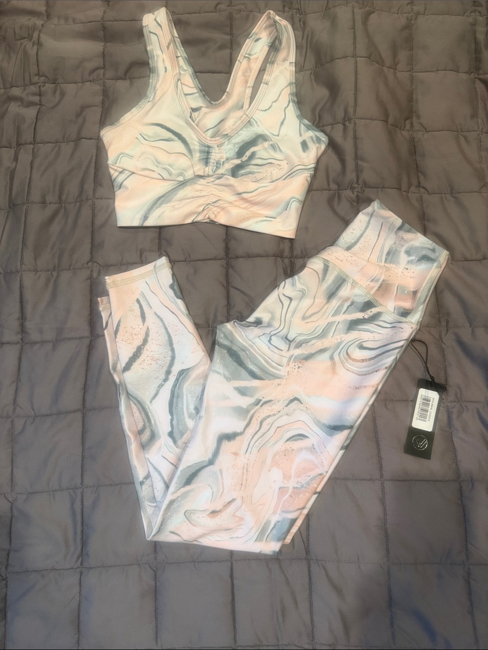 Seamless Marble-Print Leggings & Sports Bra Set - Pink/Gray